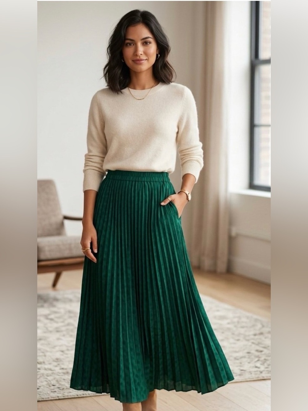 Max Studio Jacquard Shine Dot Pleated Skirt In Rich Emerald Sz M